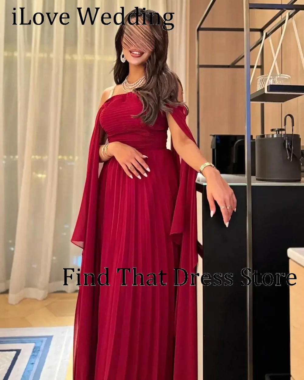 Sukienka wieczorowa szyta na miarę, prosta, czerwona, z dekoltem w łódkę, szyfonowa, plisowana, długa do podłogi, o kroju litery A, z odkrytymi plecami, w stylu saudyjskim, na studniówkę, z peleryną.