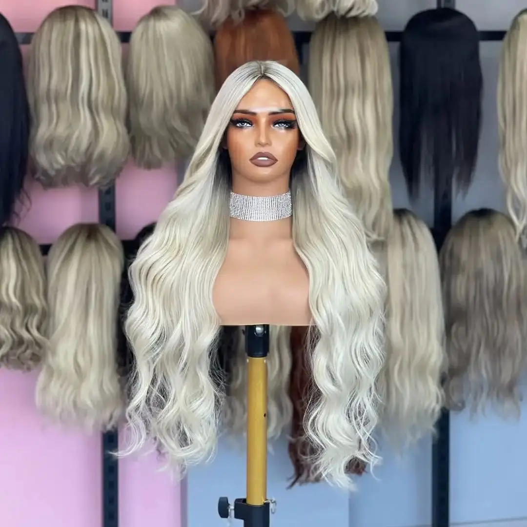 

PlatinumBlonde Long Wavy Lace Front Wig with Ashy Roots Pre Plucked Heat Resistant Synthetic Lace Wigs for Women Daily Use