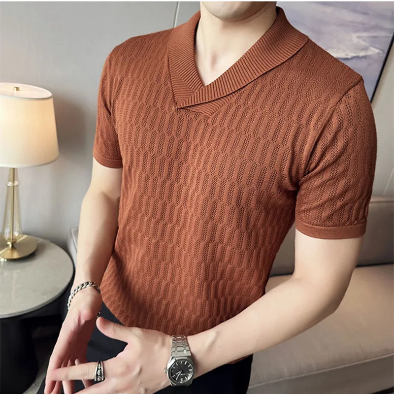 Summer Slim fit Fitness Stretch T-shirt Men Tee Tops Ice Silk Short Sleeve V-neck Knit Tee Shirt Mens Solid Color T Shirt S-3XL