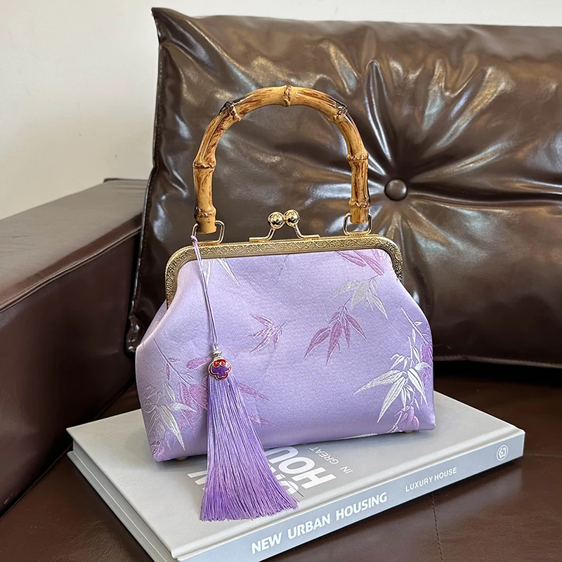 

Винтажная сумка-тоут с бамбуковой ручкой в этническом стиле, дневной клатч, фиолетовая жаккардовая сумка с вышивкой, элегантная женская сумка через плечо в виде ракушки, кошелек