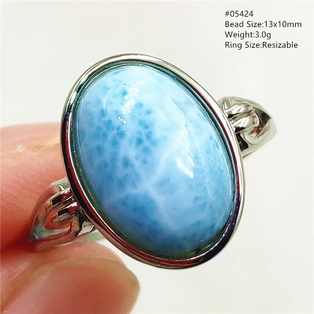 Natural Blue Larimar Oval Adjustable Ring Jewelry Water Pattern Real Larimar For Women Men Healing Fashion Stone AAAAAA