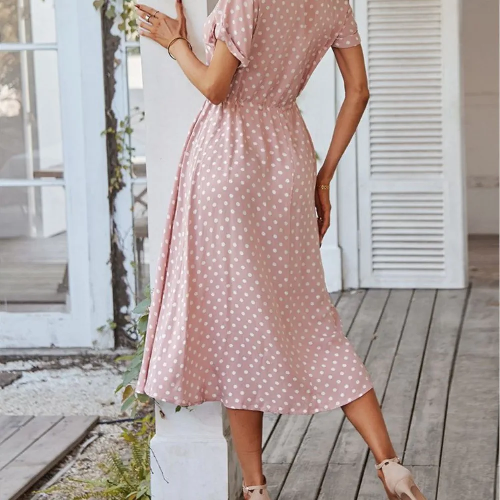 VOLALO Ladies Polka Dot Print Shirt Dress Women Casual Midi Holiday Summer Dress Female Loose Beach Dress Sundress Robe Vestidos