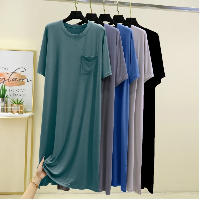 Modal Men's Nightgown Solid Sleepwear Plus Size Bathrobe Loose Morning Gown Jumpsuit Mid Length Pajamas Shower Robe Homewear