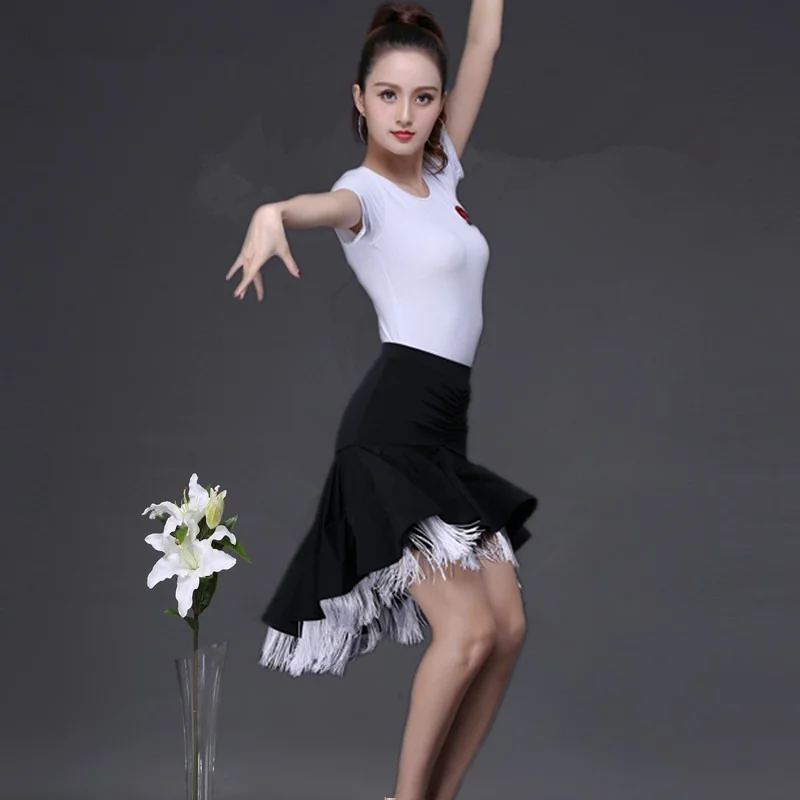 New Latin Dance Skirt Practise Competition Dance Skirt Tops Dance Fringe Skirt Latin Ballroom Double Layers Design Adult Women