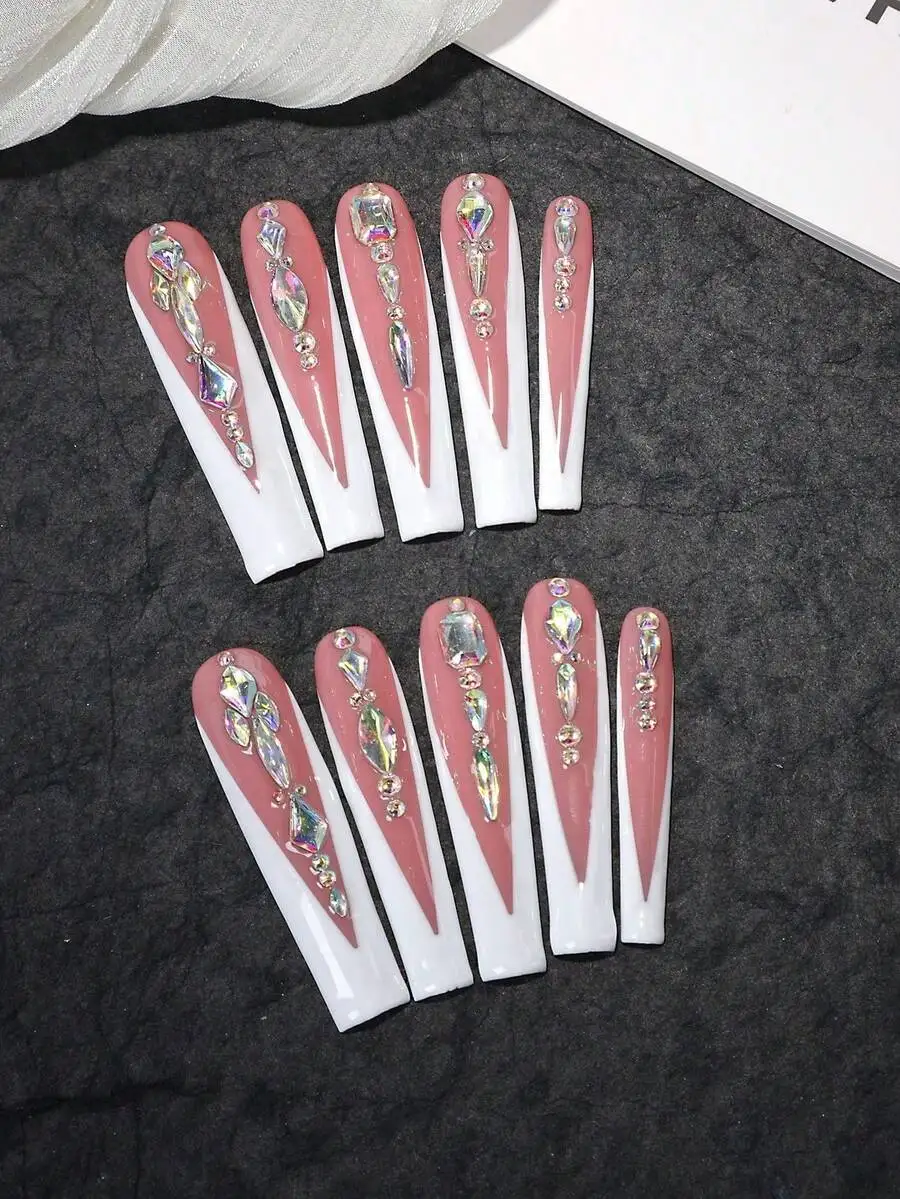 

Reusable Press On Nails 24pcs Full Coverage Acrylic With Rhinestones Sequins For Women Party Daily Wear