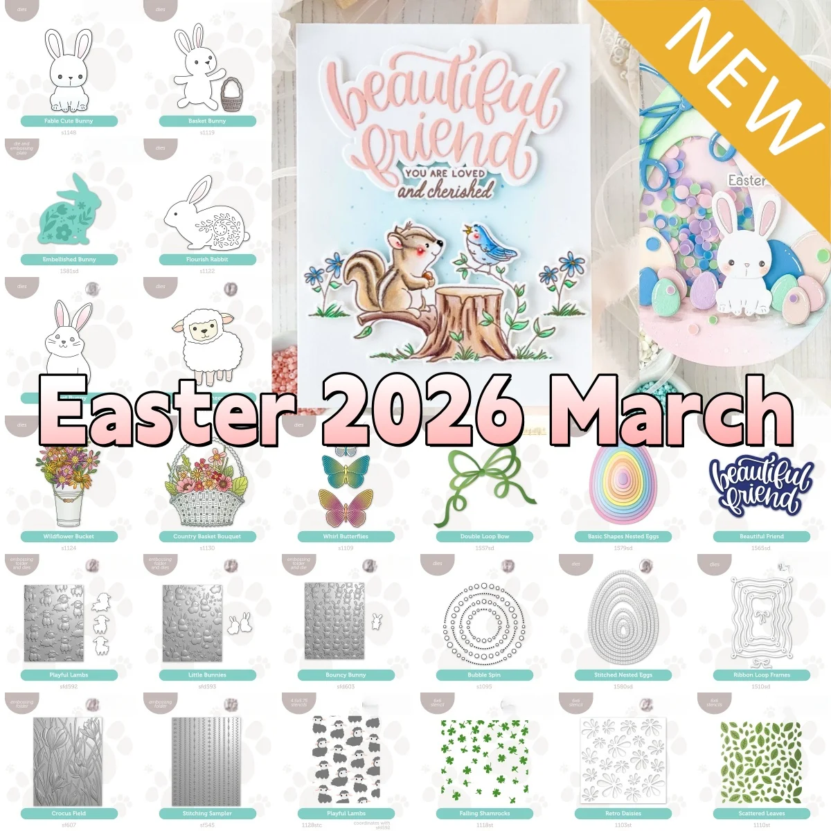 

Beautiful Friend Egg Bunny Spin Basket Bouquet Bow Leave Metal Cutting Dies Stencil Hot Foil For DIY Scrapbook Easter 2026 New