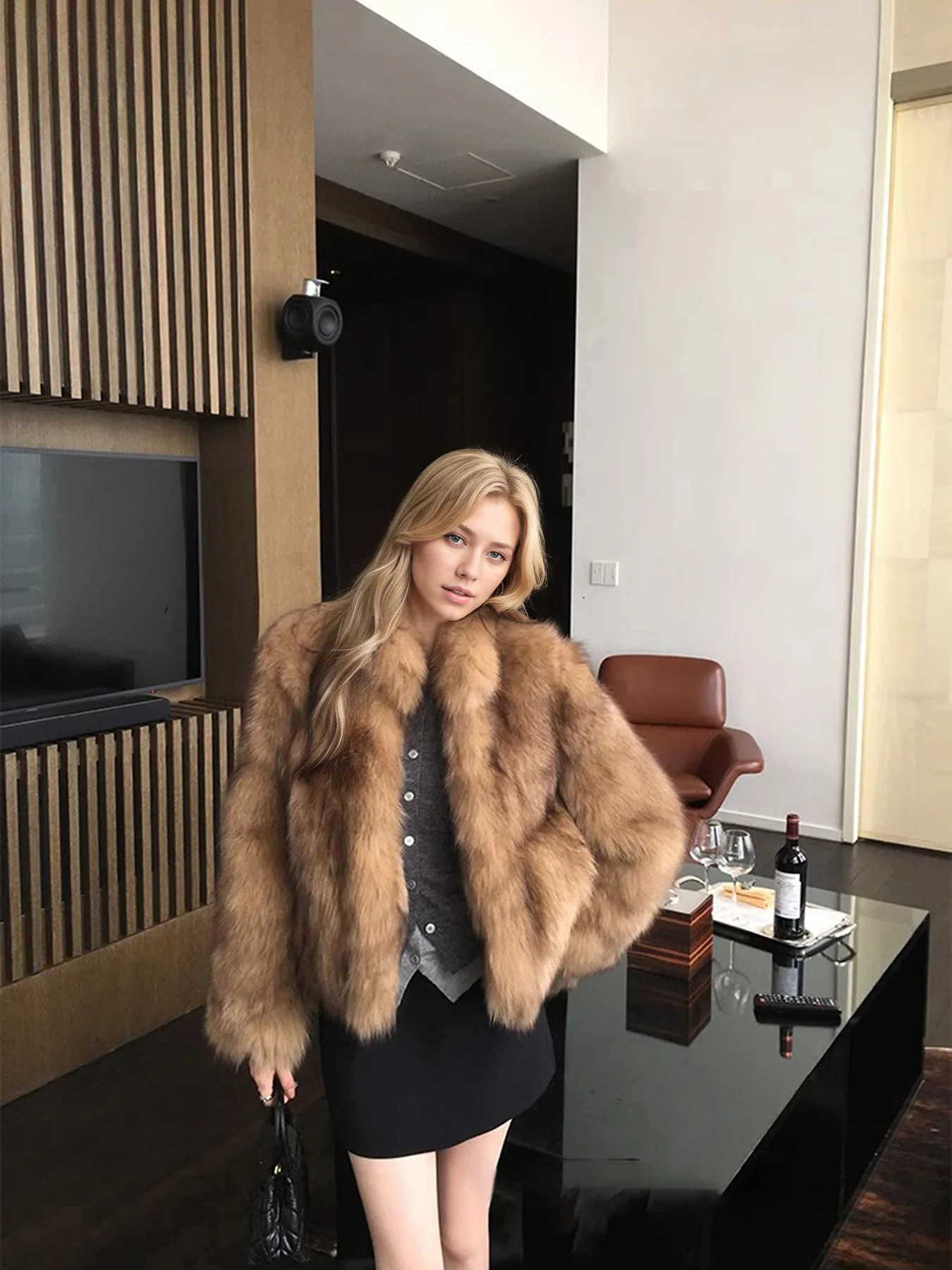 معاطف نسائية من فرو الثعلب الصناعي سترة قصيرة متينة سميكة بياقة واقفة وأكمام طويلة مغطاة بأزرار منفوشة فضفاضة غير رسمية لخريف وشتاء 2025 #6