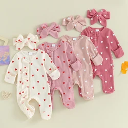 Coração das meninas do bebê Imprimir Ruffle Zipper Romper com Headband, Waffles Playsuits, Macacão de Manga Longa, gola redonda, Dia dos Namorados