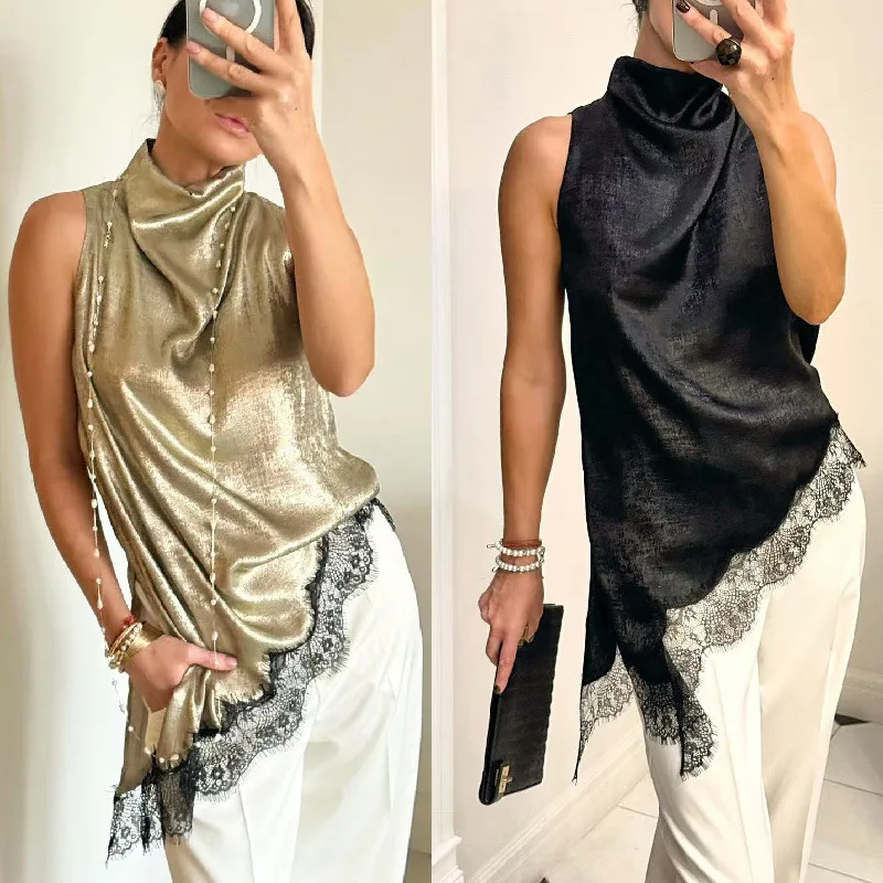 

Сексуальный женский жилет без рукавов, винтажный шикарный свободный водолазка с кружевной отделкой, рубашка нестандартной формы с лямкой на шее, вечерние Клубная одежда