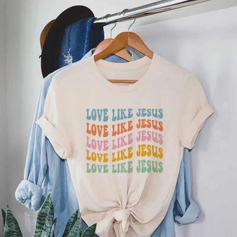 Love Like Jesus Faith Graphic T-Shirts Short Sleeve Religious Bible Verse T Shirt Retro Groovy Tees Christian Apparel for Women