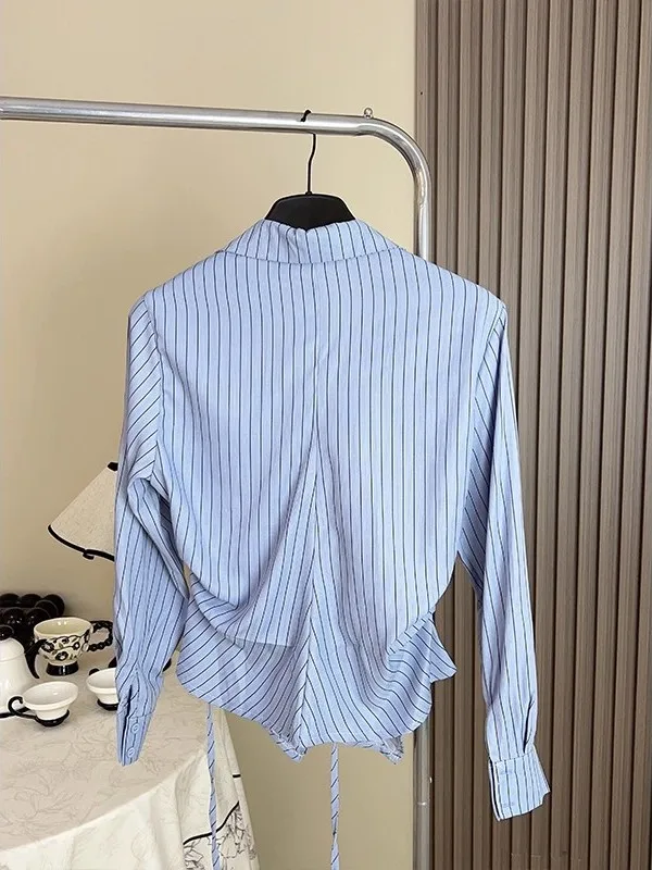 Design coréen asymétrique taille couchée automne rayé collège Sle femmes longue Sve haut amincissant coupe ample régulière Sve
