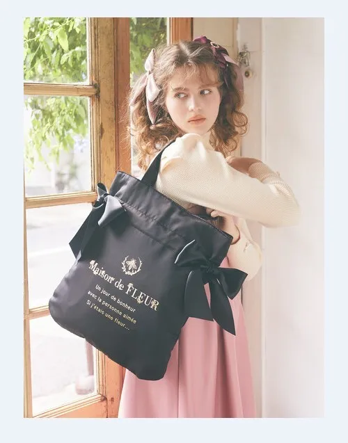 Japanese Ribbon Bowknot Portable Shoulder Bag for Women Lolita Sweet Silk Ribbon Cute Girl Bags Tote Buggy Bag A4 Can Use