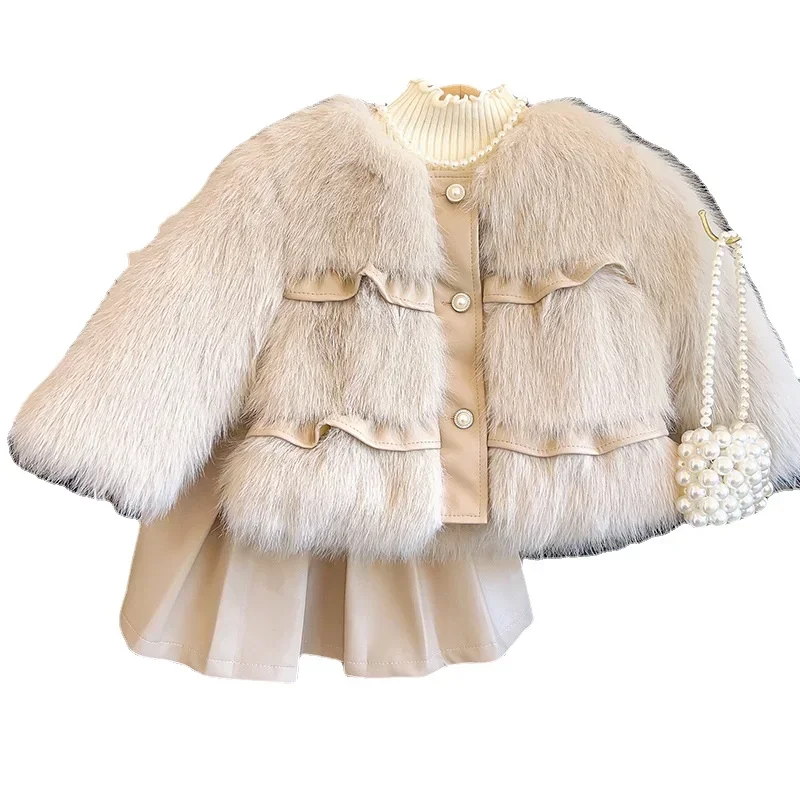 Winter Girls Faux Fur Coats Fashion Warm Thick Kids Jackets Fleece Bottoming Shirt Leather Skirt Children Clothing Outwears 2-8Y