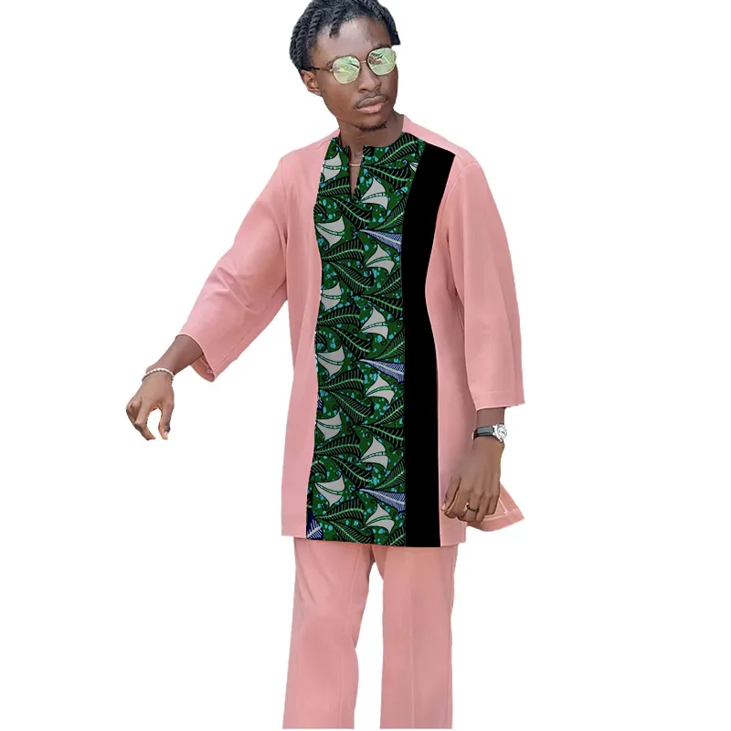 

Original Design African Trends Baby Pink Men's Sets Patchwork Shirts V-neck Tops&Solid Pant Nigerian Fashion Tailored Part Wear