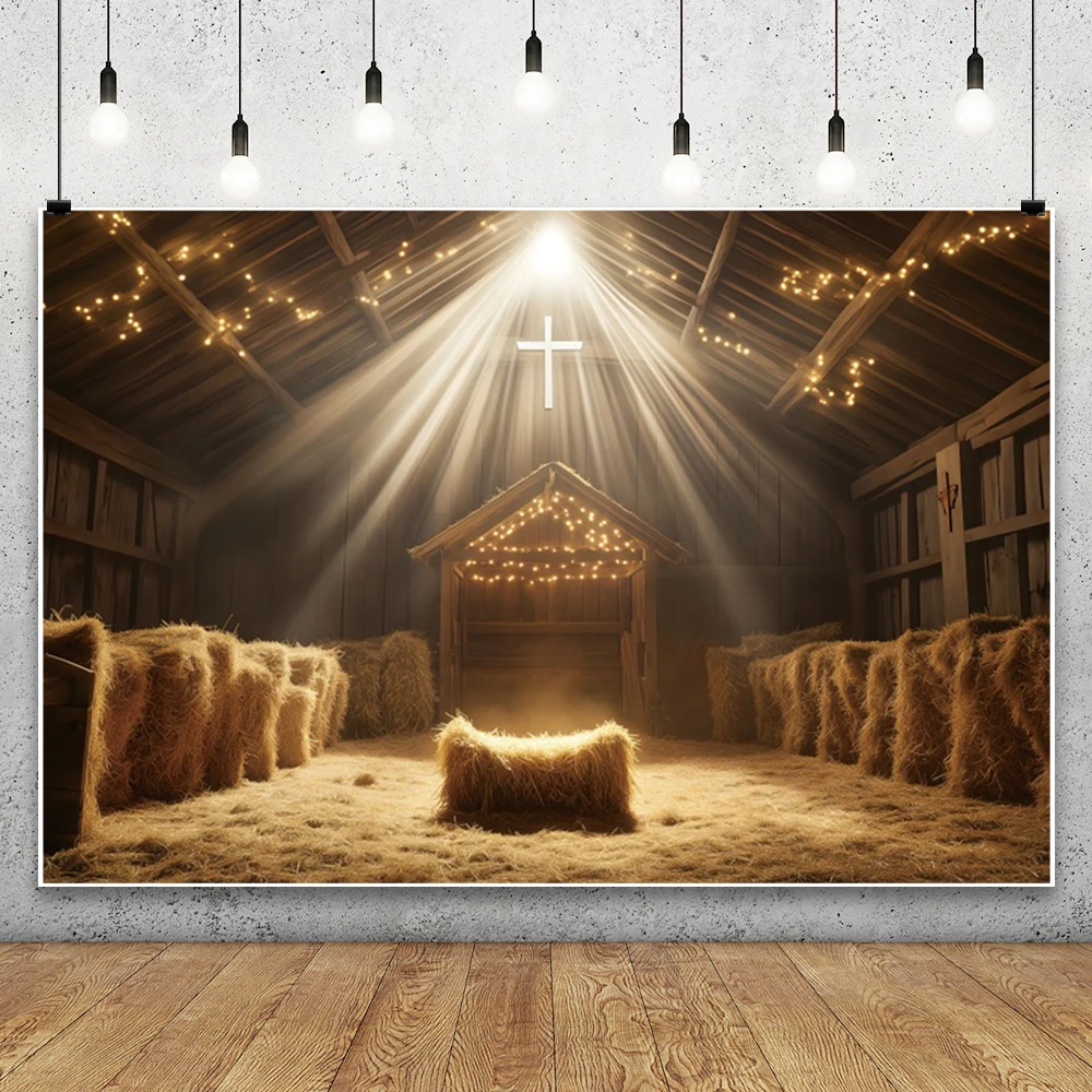 Christmas Birth of Jesus Photography Backdrops Wooden House Farm Barn Cross Grail God Bless Christening Baby Shower Backgrounds