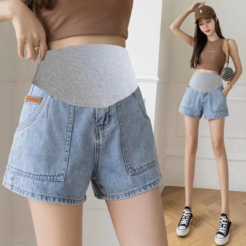 

Korean Style Maternity Denim Shorts for Summer with Large Pockets Fashion Pregnant Woman Short Jeans Wide Legs Pants Trousers