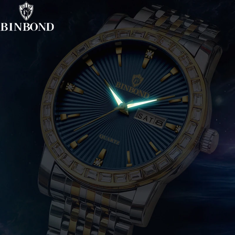 BINBOND-ساعة كوارتز فاخرة للرجال مرصعة بالماس ، عمل ، مضيئة ، مقاومة للماء ، ترفيه ، موضة ، رفيعة جدًا ، طالب ، رياضة