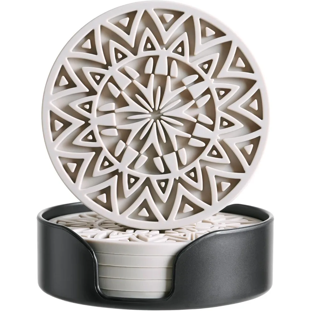 

Set Of 6 Light Taupe Silicone Coasters With Holder, Drink Coasters With Tribal Pattern Shape- For Table Protection, Anti Slip