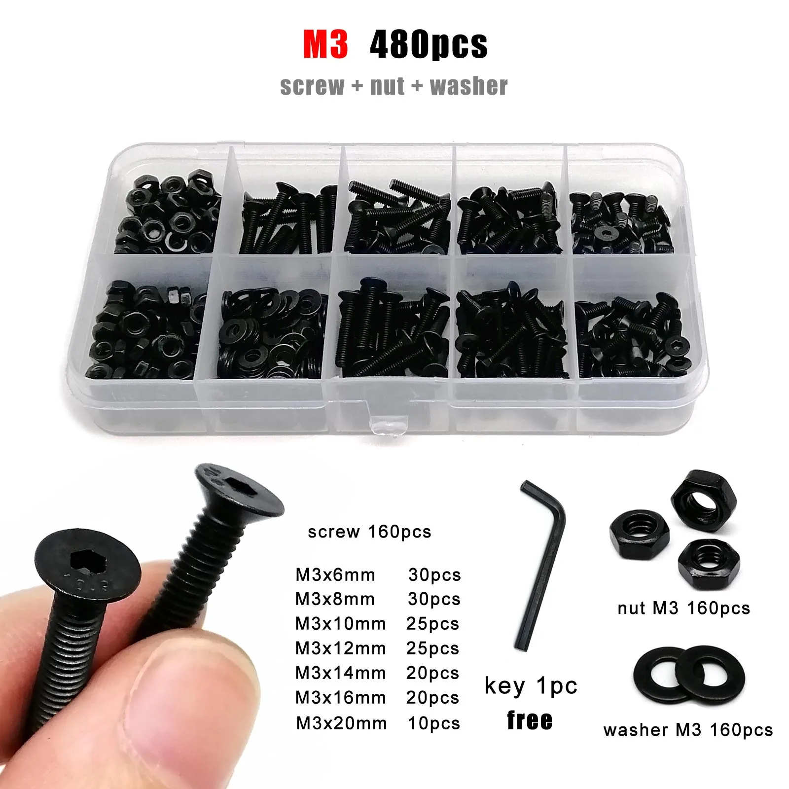 M2 M2.5 M3 M4 M5 M6 M8 Black Grade 10.9 Steel Allen Hexagon Hex Socket Flat Countersunk Head Screw Bolt Nut Washer Set Kit Box