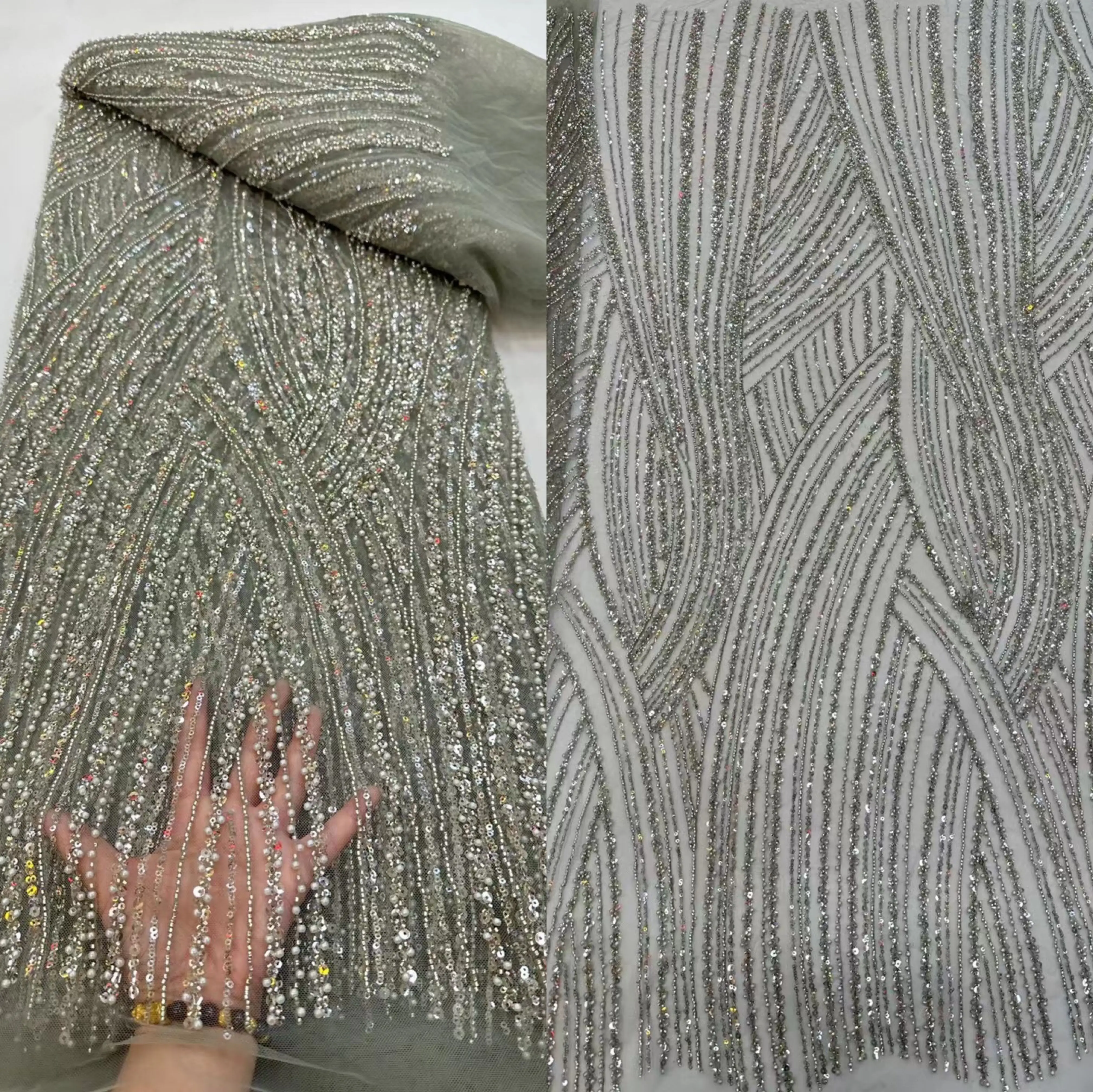 

High Quality African Nigerian Lace Fabric Embroidery Tulle beads Wedding Party Dress L-1302433 Sequins For Net Cloth