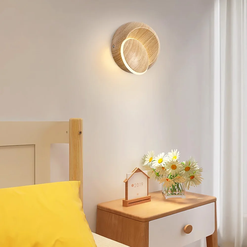 360 ° rotating moon shadow wall lamp wood grain lamps and lanterns bar restaurant simple creative bedroom bedside wall lamps