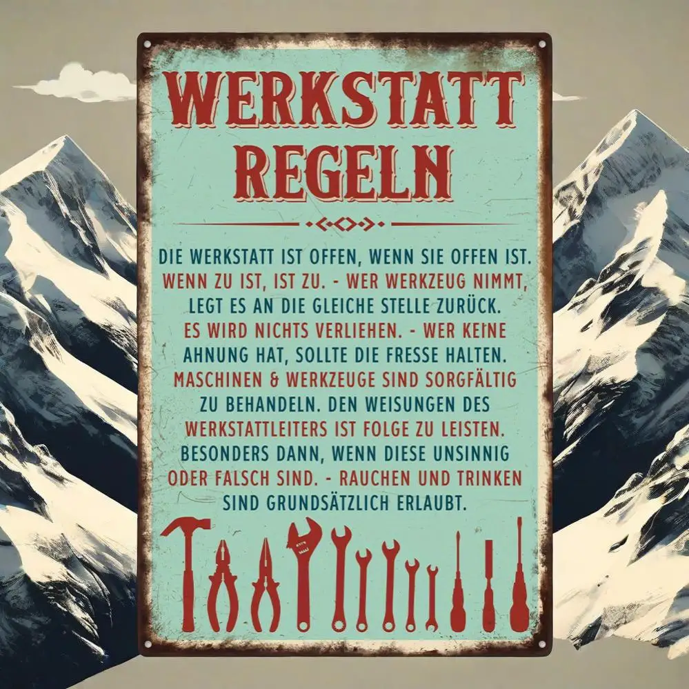 1 Stück Putuo Decor Vintage Metallblechschild „Deutsche Werkstattregeln“ – rustikale Bauernhaus- und Garagendekoration |   Perfektes Geschenk für Handwerker