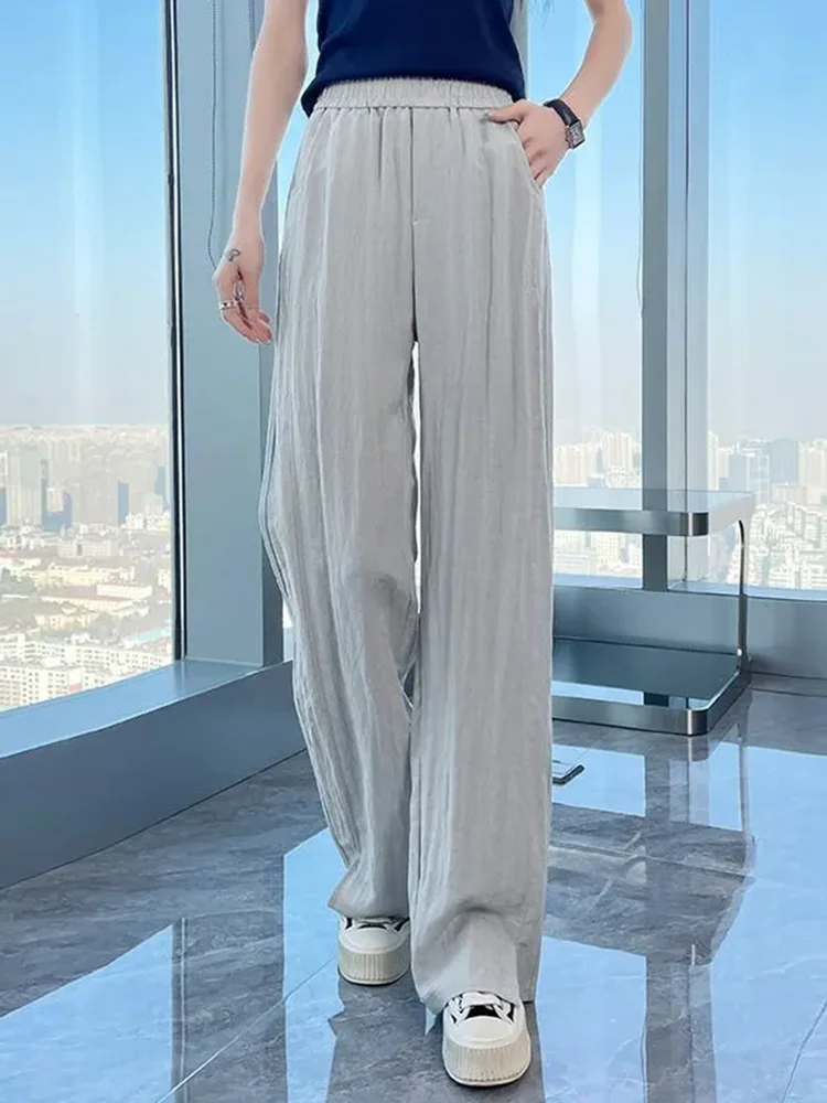 Letnie cienkie lodowe Slik podział proste spodnie damskie dorywczo luźne szerokie nogawki Pantalones koreańskie modne elastyczne spodnie dresowe z wysokim stanem