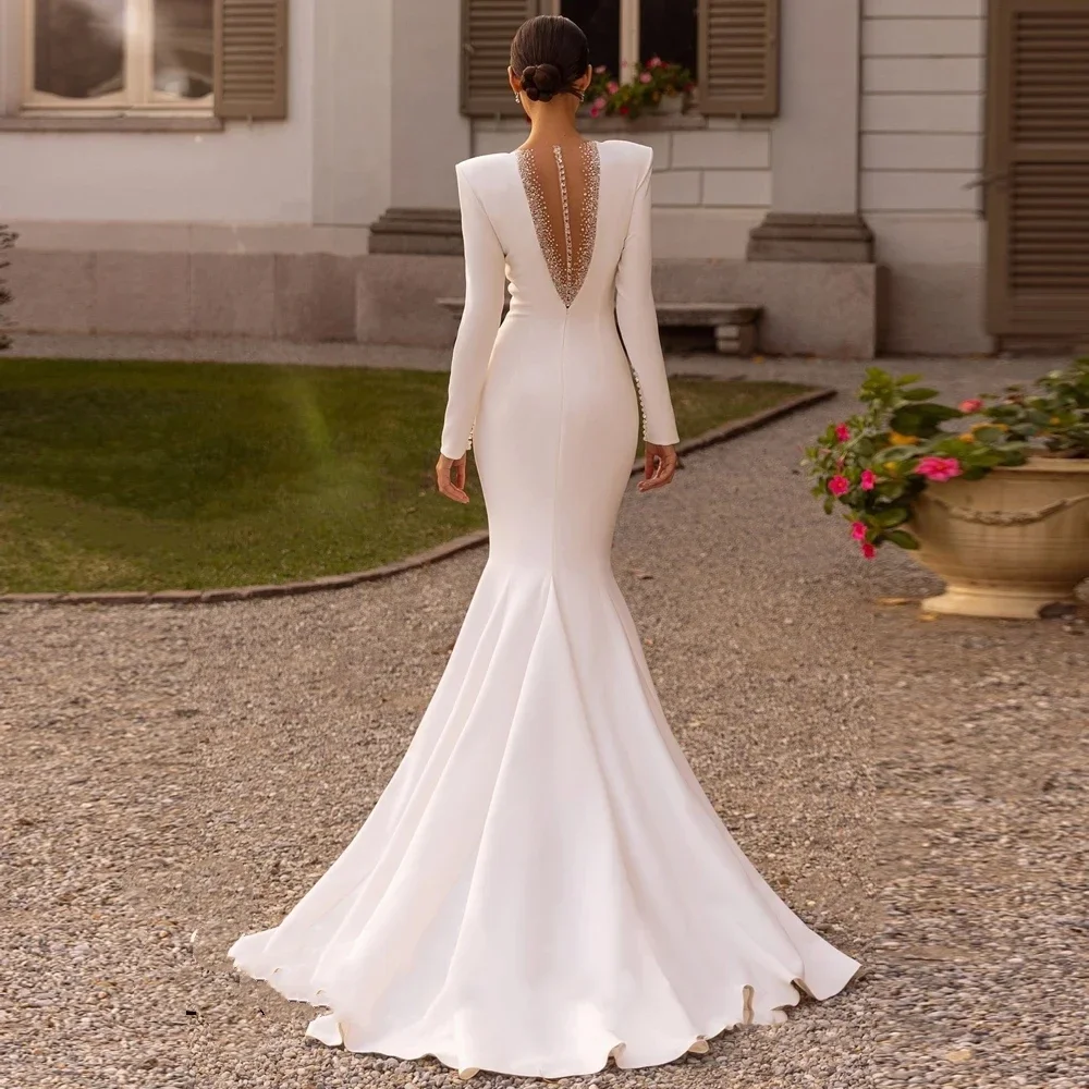 Aangepaste eenvoudige satijnen zeemeermin trouwjurken elegante bruidsjurken sexy diepe v-hals backless lange mouwen vestidos de novia