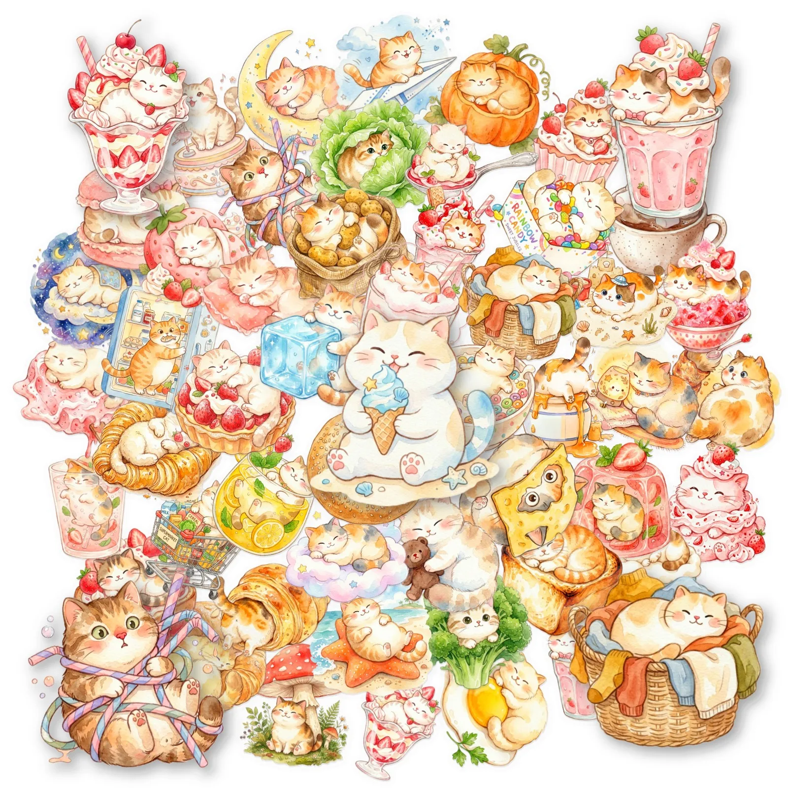 50 Pcs PET Watercolor Cat Stickers Creative Cute Cat Decorative Stickers Fun Adorable Cat Decals Waterproof Daily Use