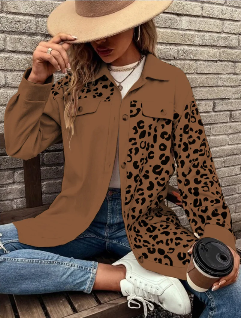 Women's Oversized Leopard Spliced Shacket Jacket with Lapel Collar Button down Long Sleeve Patch Pocket Casual Shirt Coat Street