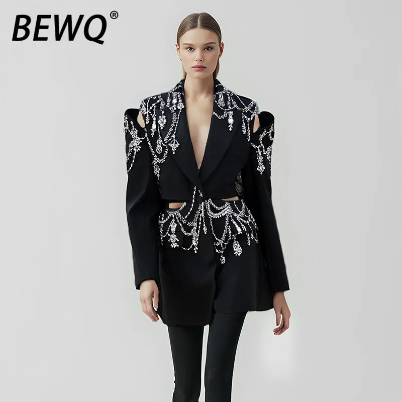 

BEWQ Fashio Women's Blazer V-neck Hollow Out Beading Long Sleeve Single Button Wasit Evening Party coat 2026 Spring New