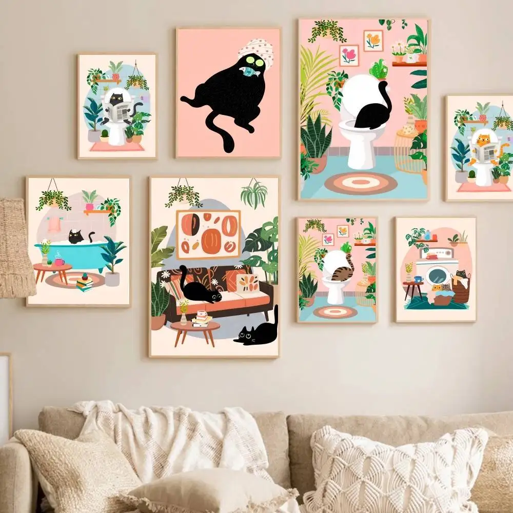 Affiche d'illustration de la vie des chats mignons de dessins animés, autocollante, pour la décoration murale de la salle d'entrée ou du restaurant, peinture artistique