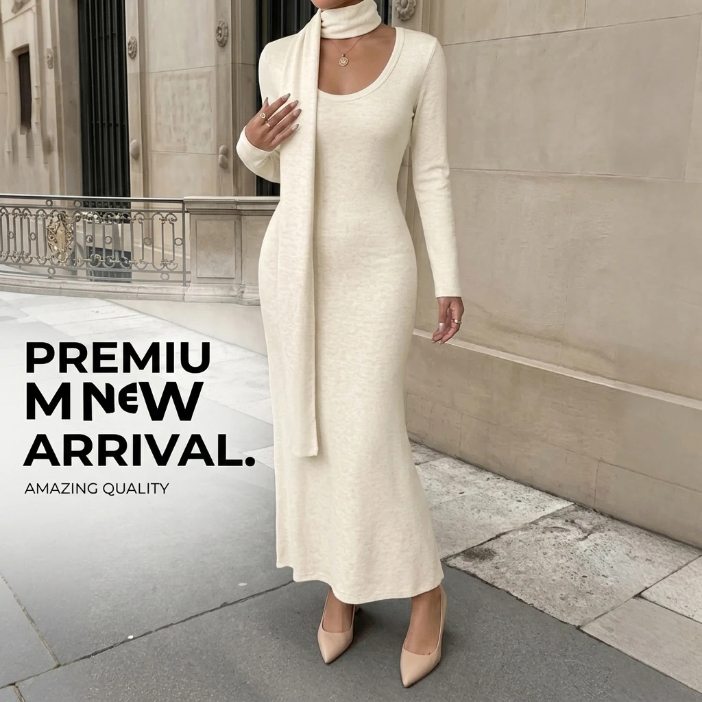 Knitted Bodycon Maxi Dress for Women Long Sleeve Square Neck Mermaid Long Skirt with Matching Scarf