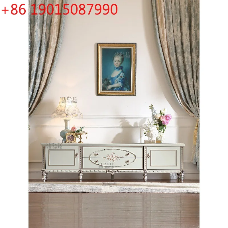 

French pastoral solid wood painted TV cabinet 2.1M carved floor cabinet storage locker SE7