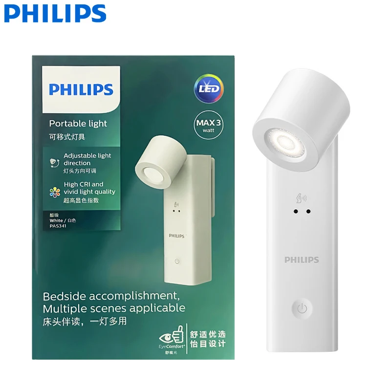 Philips PAS341 Nachttisch-Nachtlicht, große Batteriekapazität, Leselampe für Schlafzimmer, USB-Typ-C-Ladestab überall, Bewegungsmelder