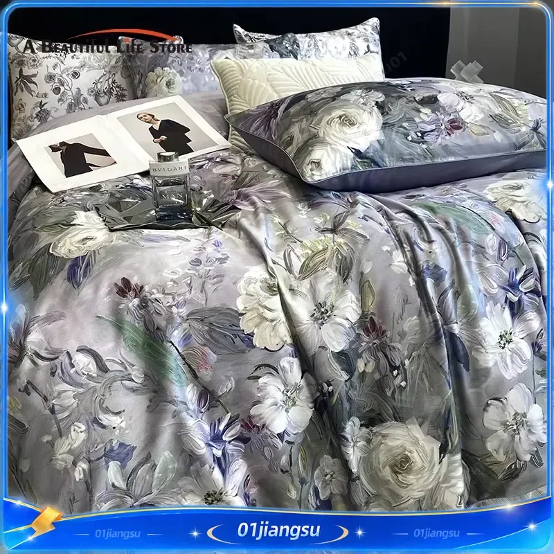 1000TC Egyptian Cotton Bedding Set Vintage Oil Painting Plant Flower Duvet Cover Sheet Pillowcases Soft Luxury Home Textile