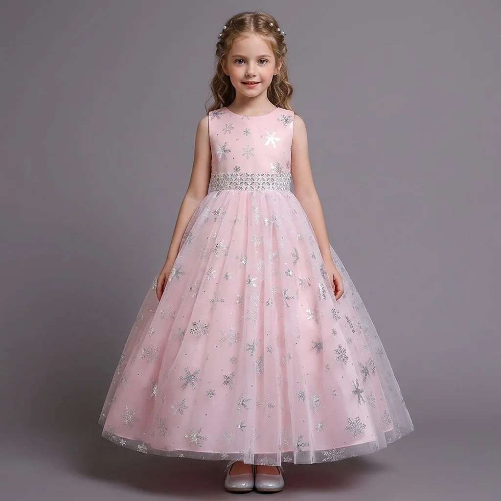 

Girls Christmas Princess Silver Snowflake Print Elegant Tulle Flower Girls Dress for Weddings Kids Birthday Party Pageant Gown