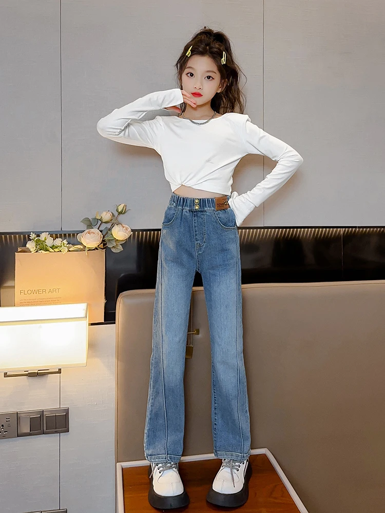 

2025 весенне-осенние широкие брюки для девочек с нашивкой Love Fashion, тонкие, высокое качество, высокое качество