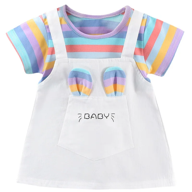 1-5Y Baby Girl Dress Colorful Striped Cute Toddler Princess Dress Cotton Children Clothing Short Sleeve Kid Girl Outfit A1134