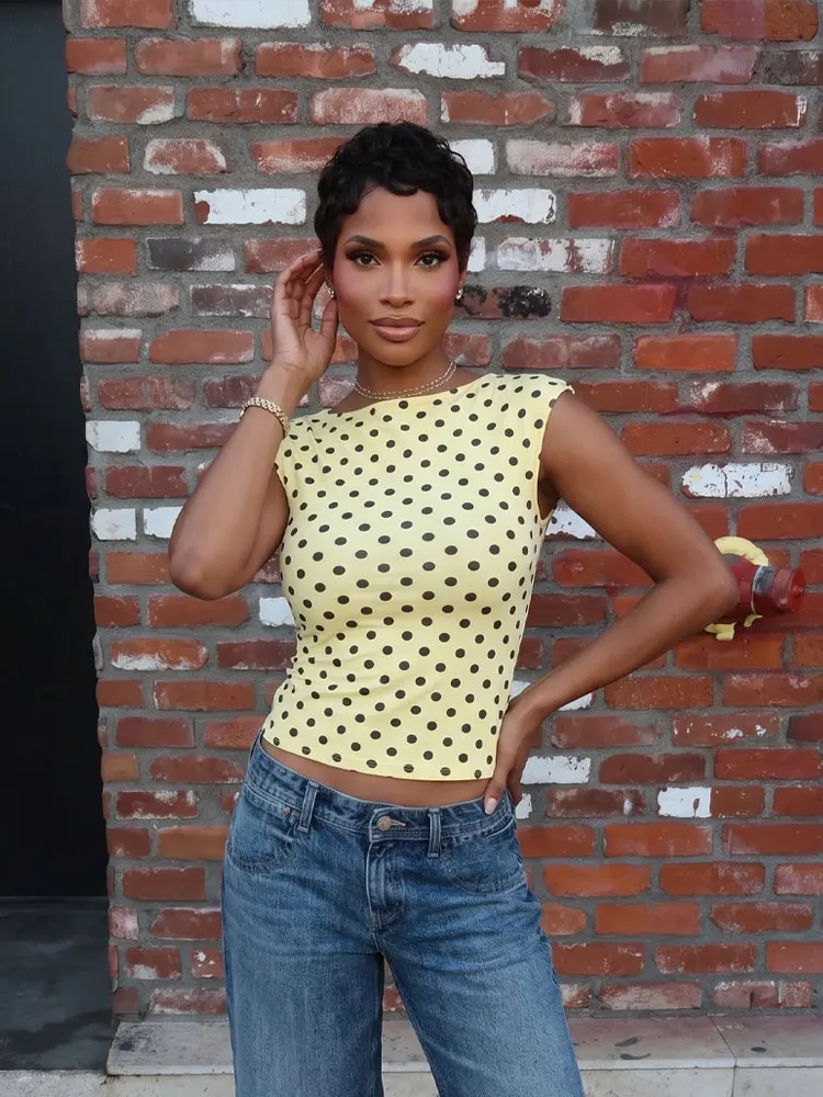 HH Women Elegant Polka Dot Sleeveless Slim Yellow Vest Fashion Backless Spring Summer Cropped Top Holiday Country Style Outfit