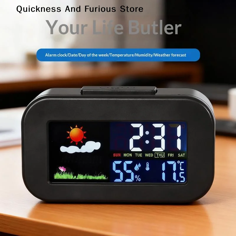 【T】Weather Station Clock With Color LCD Display - Temp & Humidity Monitor Backlit For Kids & Teens Perfect For Bedroom/Dorm Desk