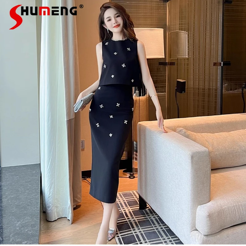 

French Style Age-Reducing Temperament Sleeveless Suit Skirt High Waist Slimming Hepburn Style Black Two-Piece Sets Women Clothes