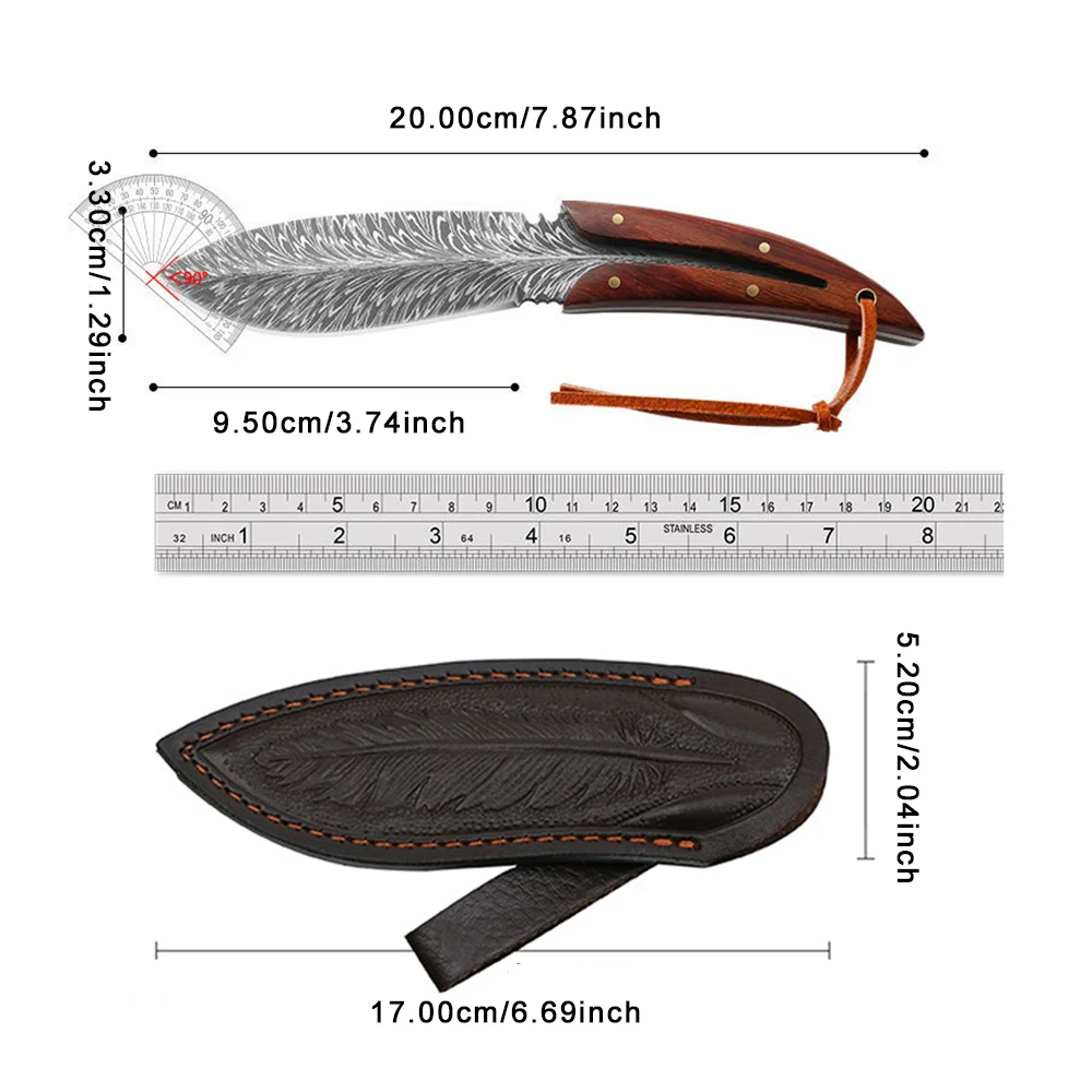 Multi-purpose Feather Pattern Knife With Scabbard Stainless Steel Meat Knife High Hardness Fruit Knife Small Straight Knives