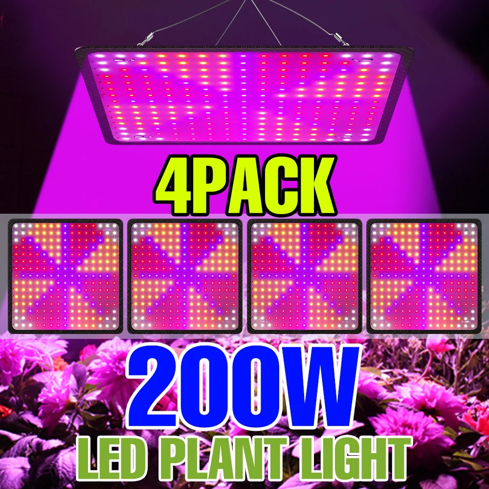 4 Packs 200W LED Grow Lights Full Spectrum Quantum Board Plant Cultivation Lamp Indoor Growth Tent Green Vegetable Fill Lighting