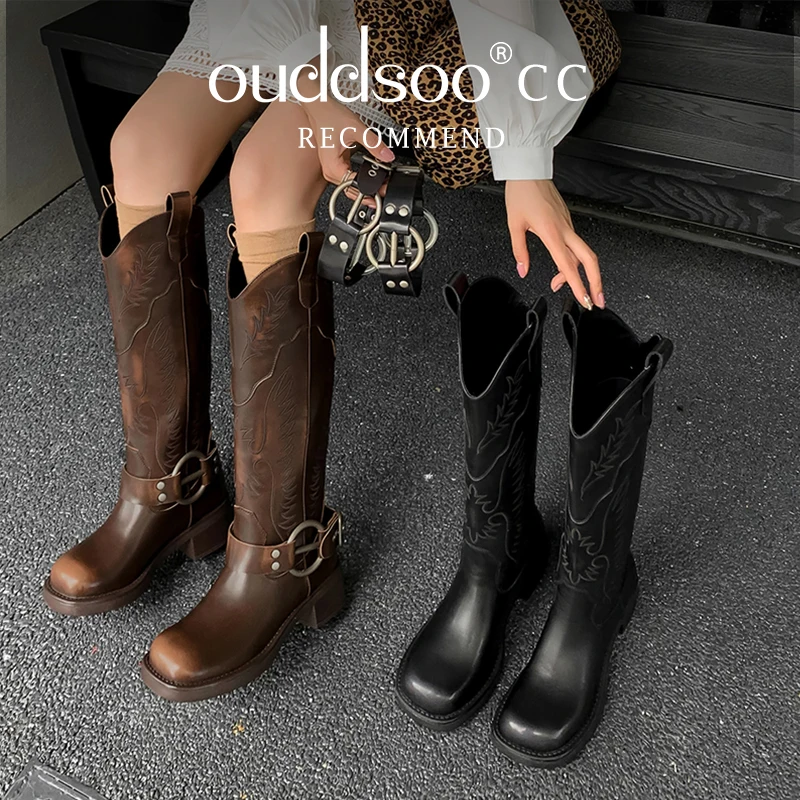 Ods Retro Pattern Square Head High Knight Boots New Sleeve Heightening Handsome Locomotive Boots Casual and Thin Sexy Women's 40