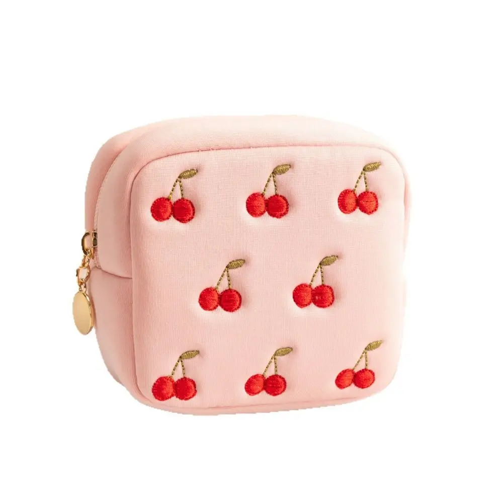 Multi-functional Cherry Patterns Coin Purse Zipper Closure Portable Sanitary Napkin Storage Bag Lightweight Makeup Bag