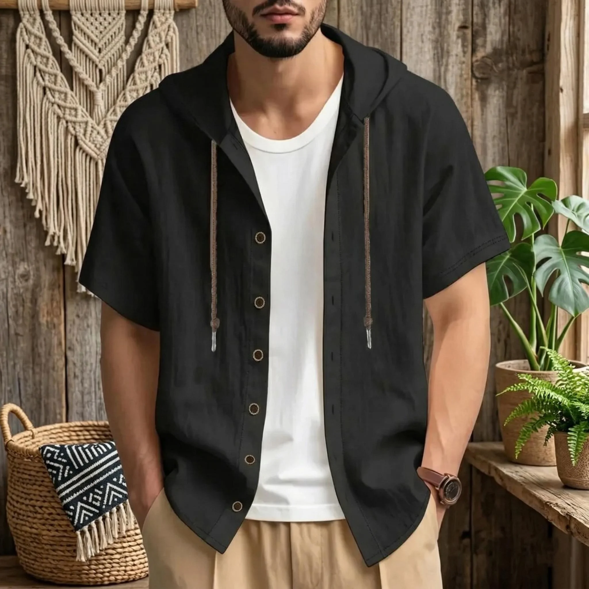 Men Casual Short Sleeve Hooded Shirt, Breathable Lightweight Button‑Up Drawstring Loose Solid Color Summer Daily Top