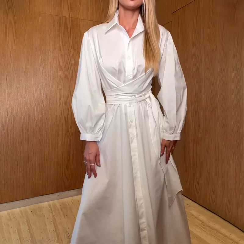 春夏新作 無地シャツワンピース レジャー ゆったり シングルブレスト レースアップ マキシ丈ワンピース トレンド ラペル 長袖 パーティードレス