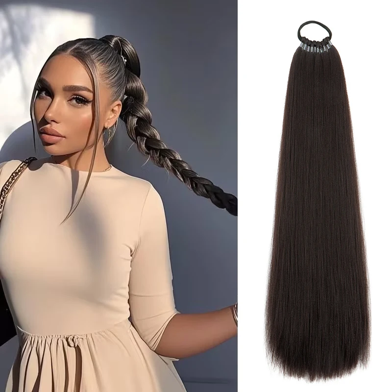 22Inch Synthetic Long Straight Ponytail Hair Extension Elastic Rubber Band Fiber Hair Easy to Style for Women Everyday