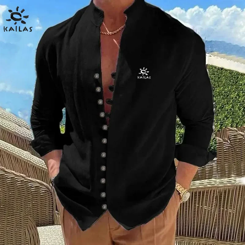 

New men's high-quality cotton and linen Henry collar long sleeved shirt, fashionable, casual, comfortable and versatile top